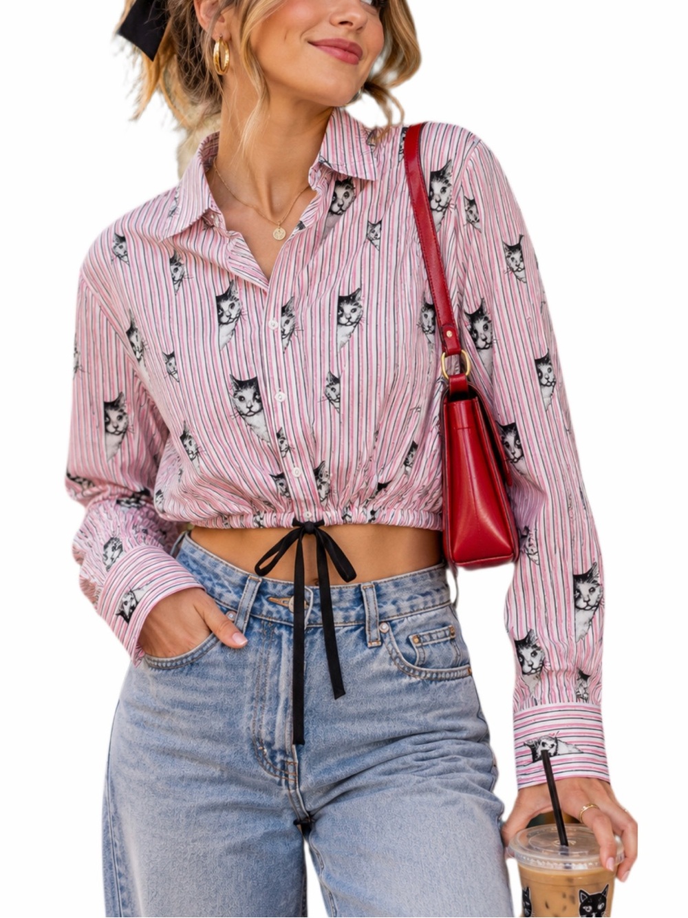 Zara Woman Cat Print Pink Stripe Cropped Button Down Shirt Drawstring Y2K Medium